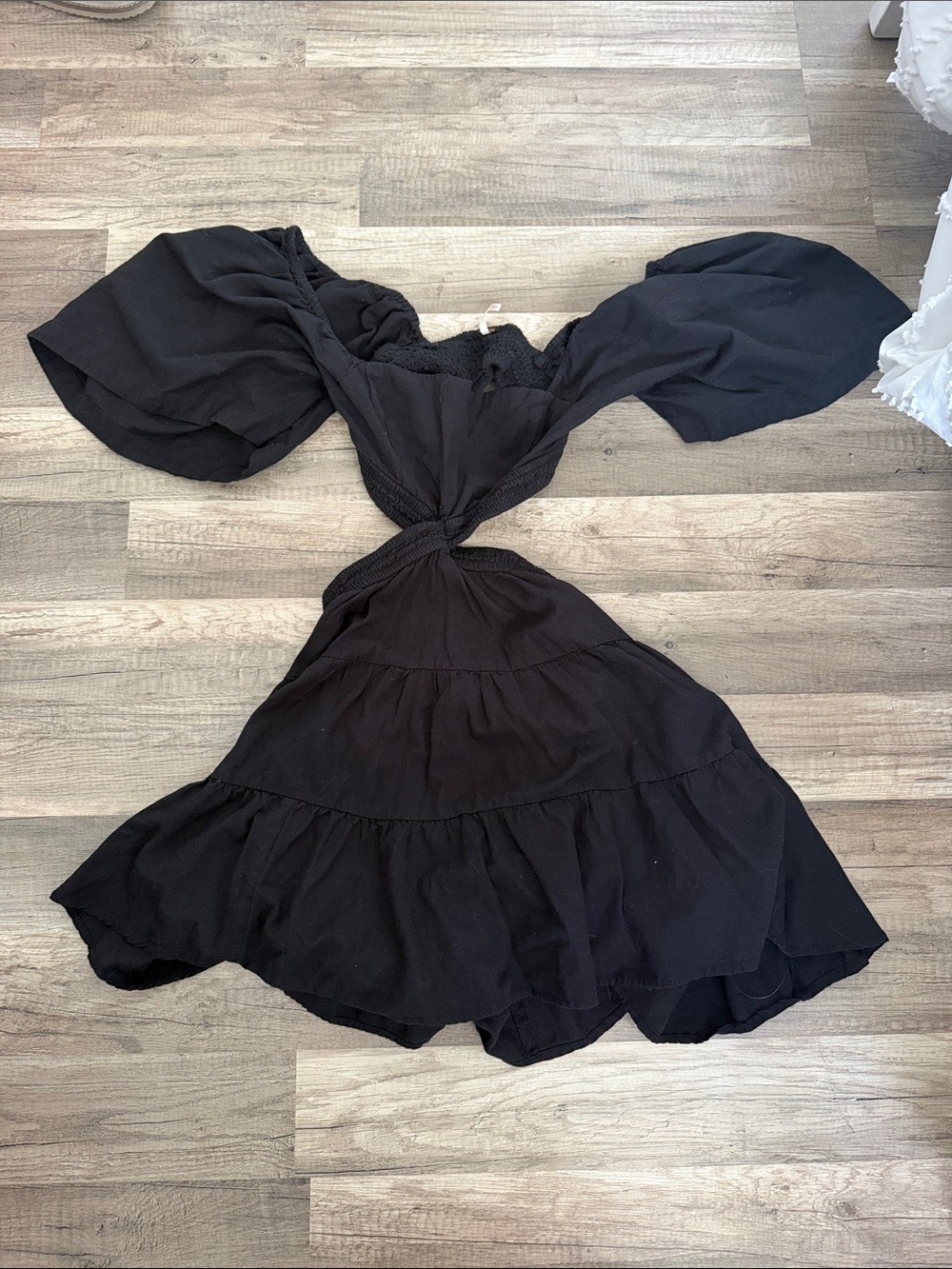 Free People Black Twisted Cutout Mini Dress with Puff Sleeves